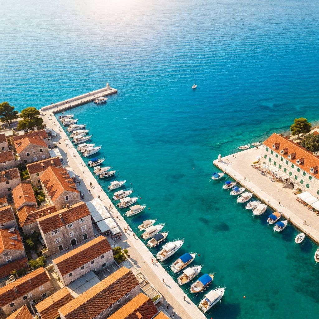 Aerial view of Hvar harbour with crystal clear Adriatic sea